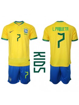 Brasilien Lucas Paqueta #7 Replika Hemmakläder Barn VM 2022 Kortärmad (+ byxor)
